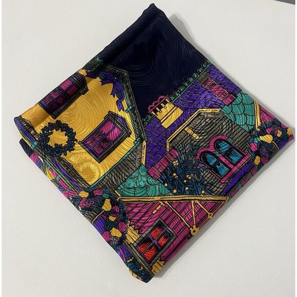 Oscar de la Renta Silk Scarf Village Street Scene Print Multicolor Square 30x30 - Picture 8 of 10